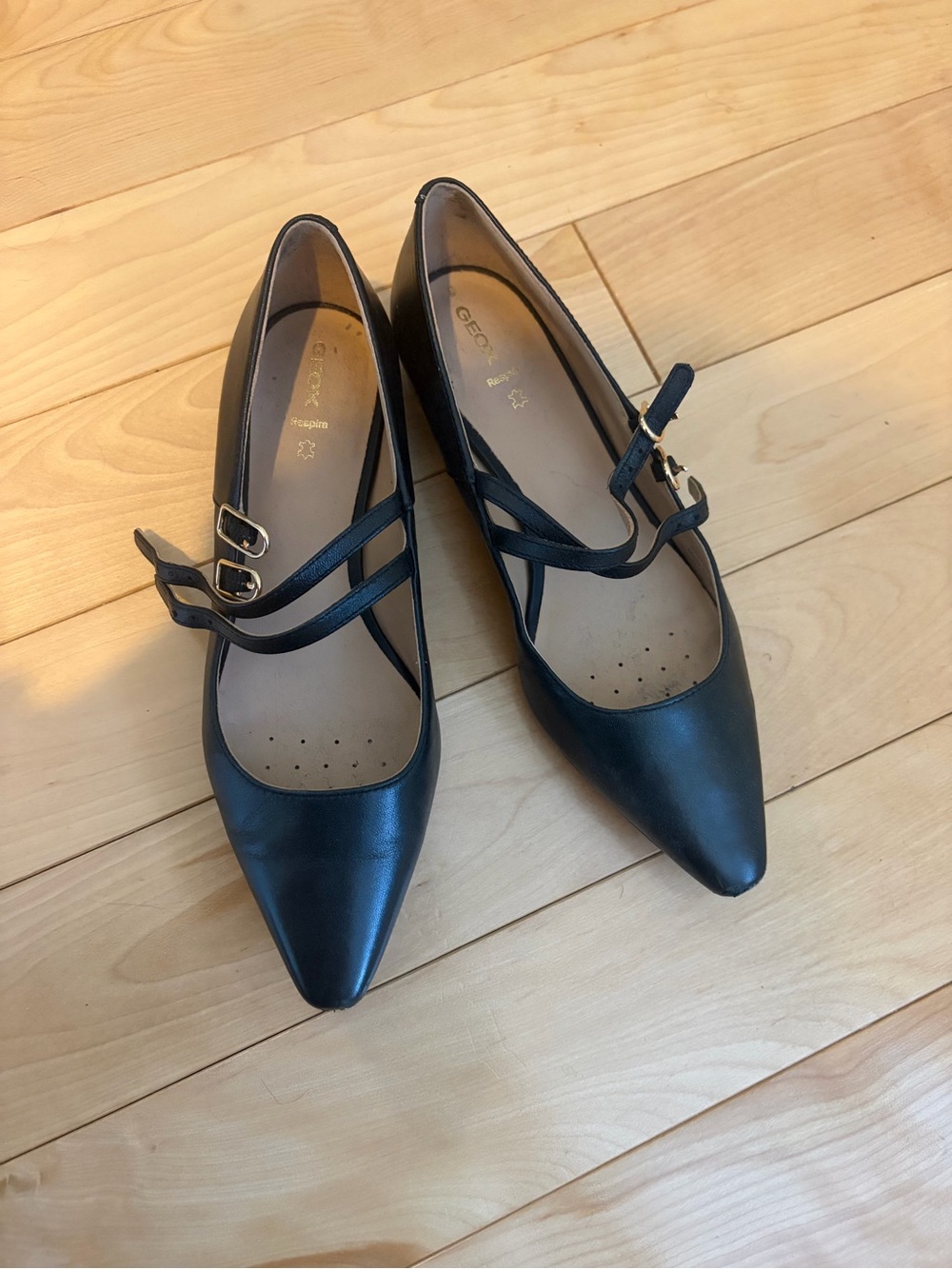 Geox Black Pointed-Toe Double-Strap Mary Jane Flats
